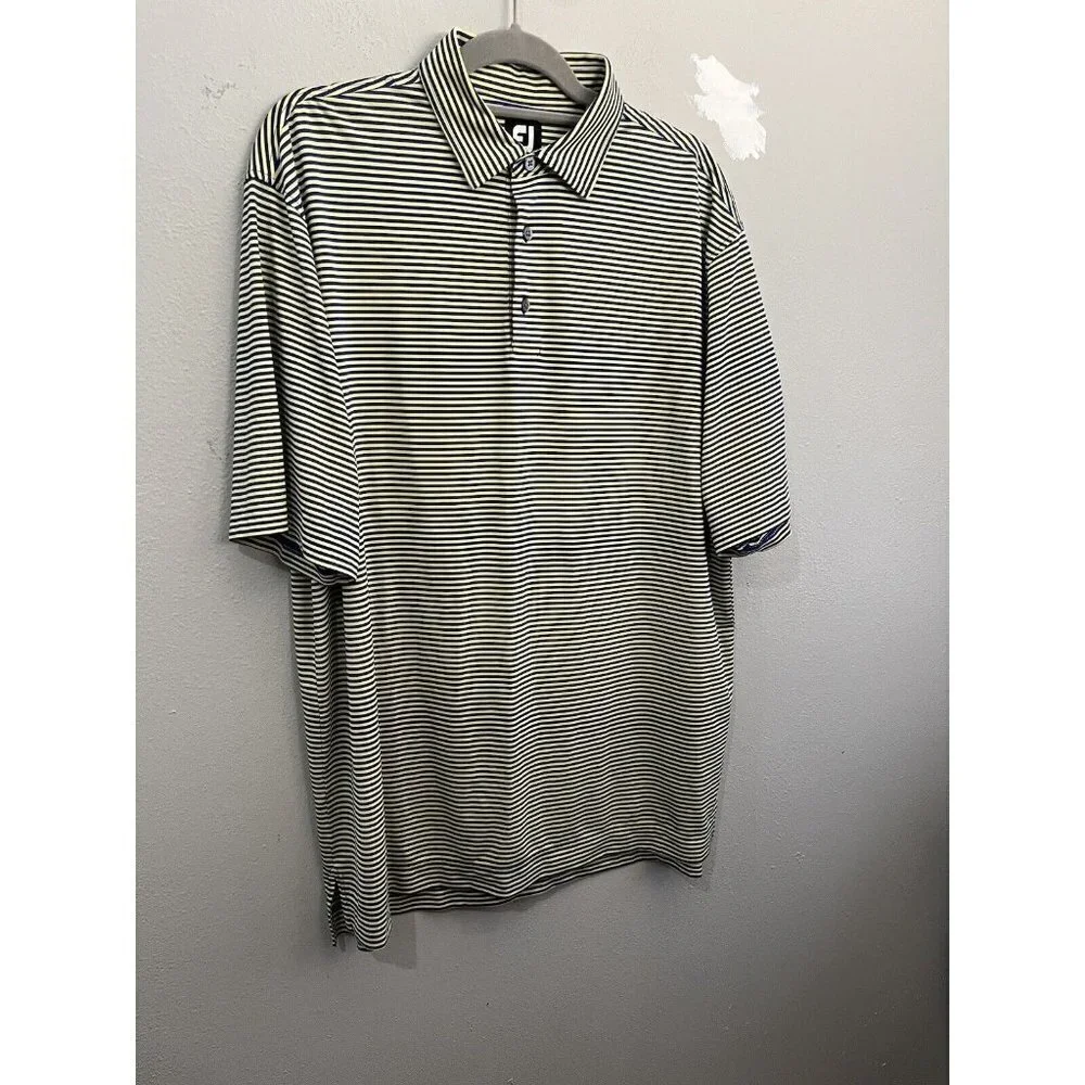 Foot Joy Golf Shirt Men XL Yellow And Blue Striped Short Sleeve 3 Button Collar